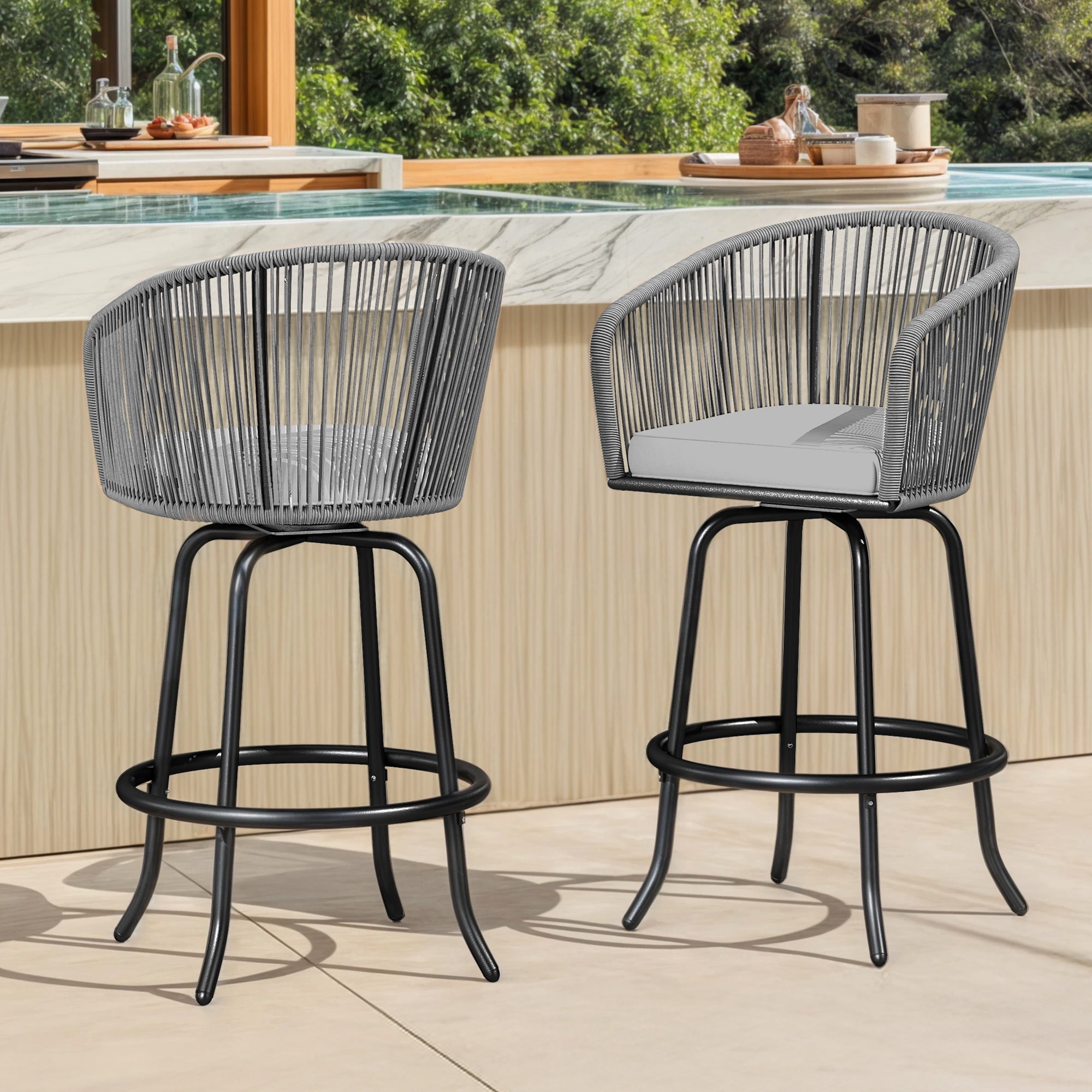 Uforic Set of 2 Patio Bar Stools, Counter Height Swivel Bar Stools with Cushions, Outdoor Rattan Patio Chairs for Indoor Outdoor Backyard Balcony Deck Lawn, Gray