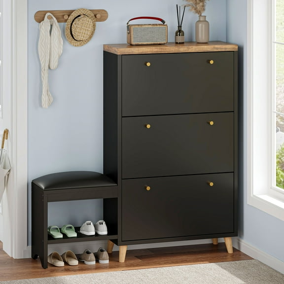 Uforic Shoe Cabinet with 3 Flip Drawers, Modern Shoe Storage Cabinet with Bench， Freestanding Shoe Rack Storage Organizer Bench for Hallway Entryway, Black