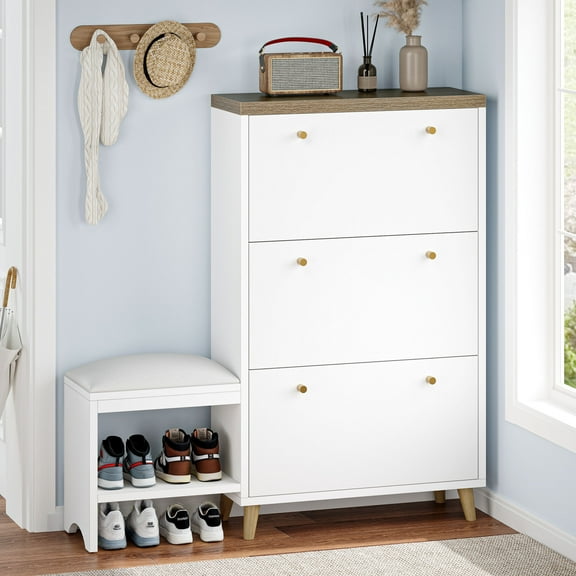 Uforic Shoe Cabinet with 3 Flip Drawers, Modern Shoe Storage Cabinet with Bench， Freestanding Shoe Rack Storage Organizer Bench for Hallway Entryway, White