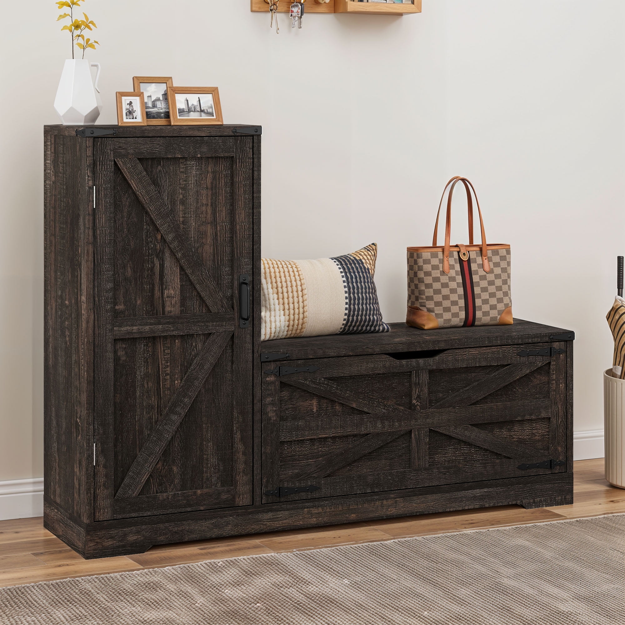 Uforic Shoe Cabinet, Shoe Organizer with Storage Bench and Adjustable Shelves, Farmhouse Entryway Shoe Cabinet, Rustic Oak