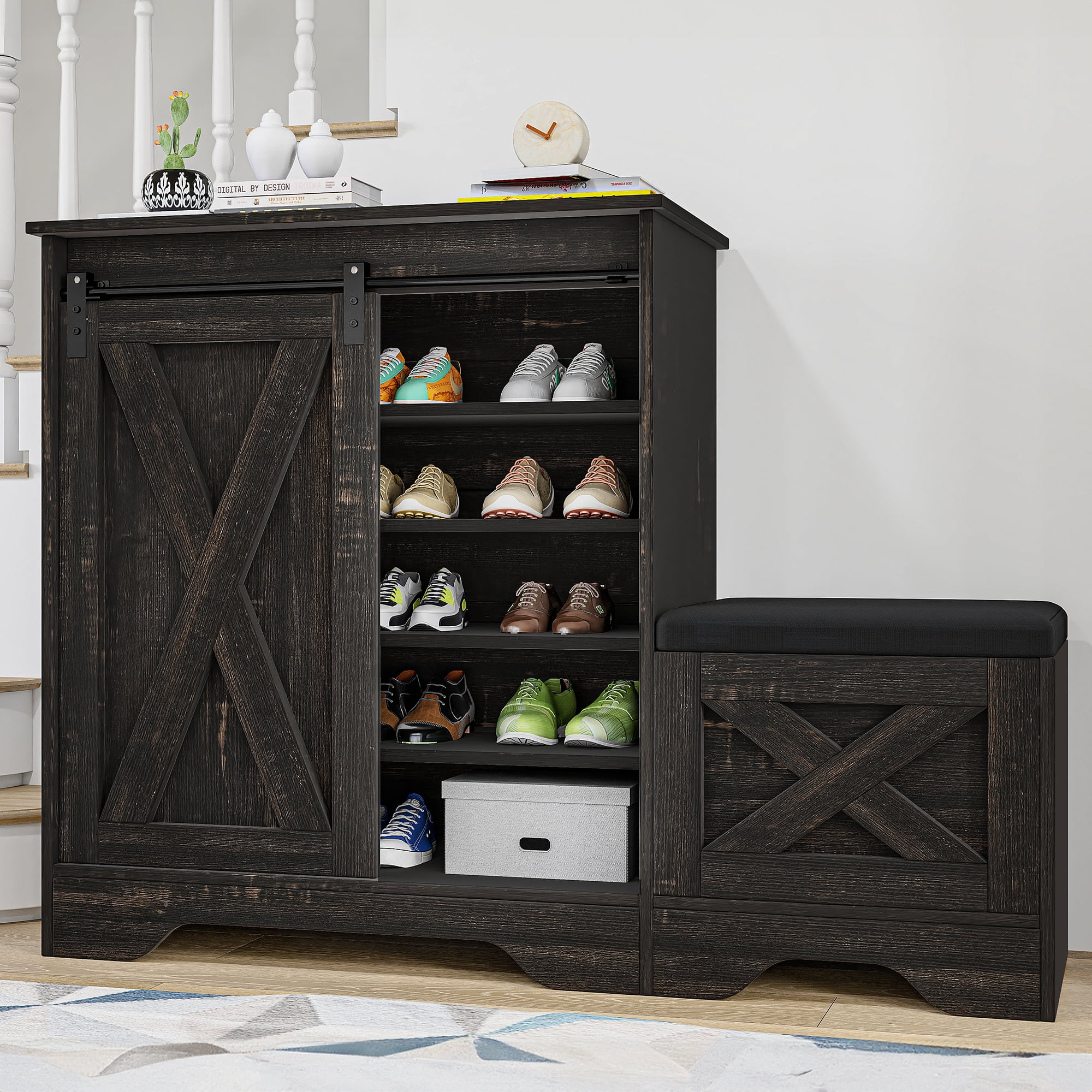 Uforic Shoe Cabinet with Sliding Door & Shoe Bench,Farmhouse Narrow Slim 5-Tier Adjustable Shoe Storage Organizer for 20 Pairs for Entryway, Foyer, Dark Rustic Oak