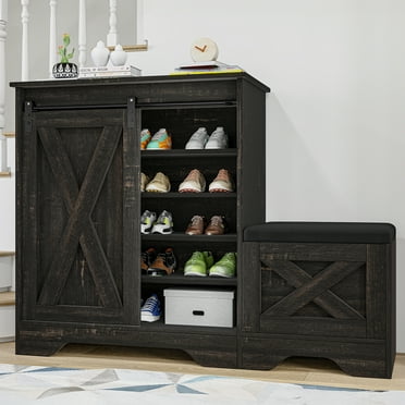 Uforic Shoe Cabinet with Sliding Door & Shoe Bench,Farmhouse Narrow Slim 5-Tier Adjustable Shoe Storage Organizer for 20 Pairs for Entryway, Foyer, Dark Rustic Oak