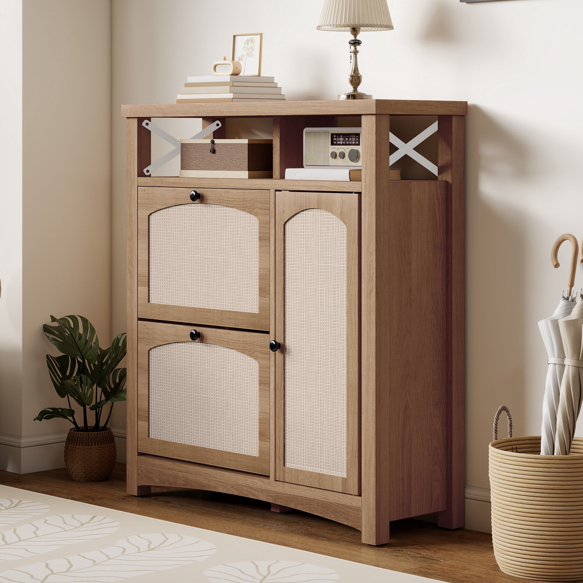Uforic Shoe Cabinet with 2 Flip Drawers & Door, Farmhouse Shoe Organizer  Rack with Open Shelf, Oak