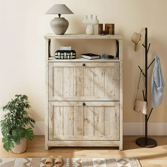 Uforic Shoe Cabinet with 2 Flip Drawers, Farmhouse Freestanding Shoe Storage Cabinet Organizer, Old Oak