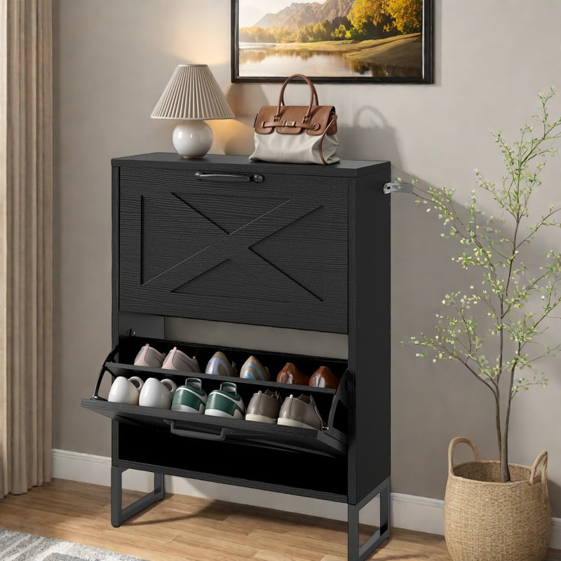 Uforic Shoe Cabinet with 2 Flip Drawers, Farmhouse Narrow Shoe Rack Organizer with Metal Legs, Black