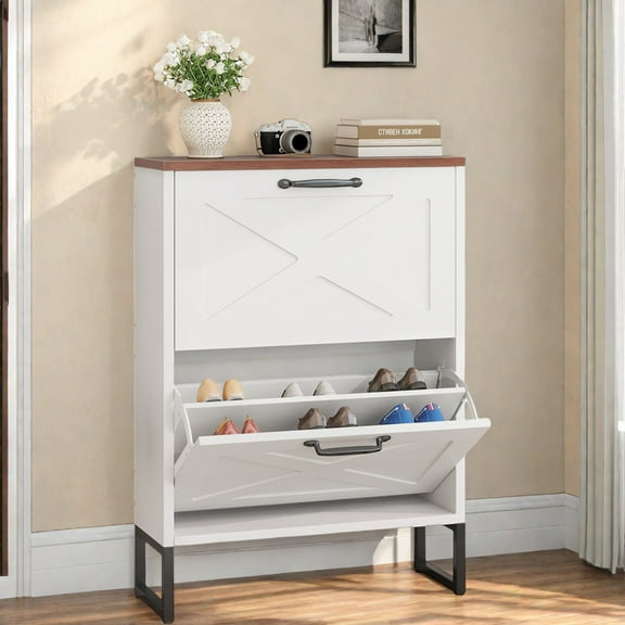 Uforic Shoe Cabinet with 2 Flip Drawers, Farmhouse Narrow Shoe Rack Organizer with Metal Legs, White