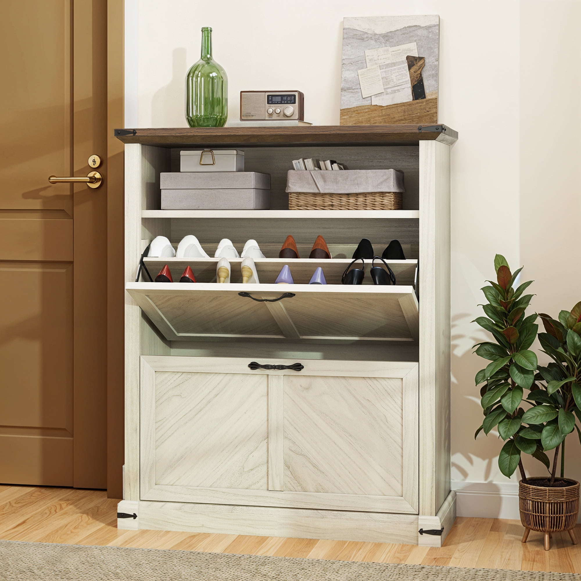 Uforic Shoe Cabinet with 2 Flip Drawers, Free Standing Shoe Racks Storage Cabinet ,Shoe Organizer Narrow Closet, Oak