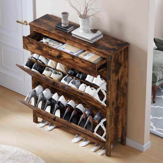 Uforic Shoe Cabinet with 2 Flip Drawers, Hidden Shoe Storage Rack Organizer, Brown