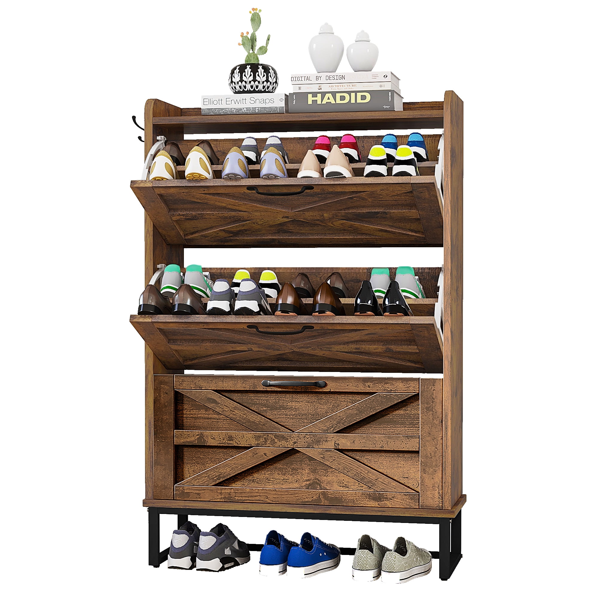 Uforic 3-Drawer Shoe Cabinet, Flip-Down Shoe Storage for 24 Pairs, Farmhouse Entryway Organizer, Rustic Brown