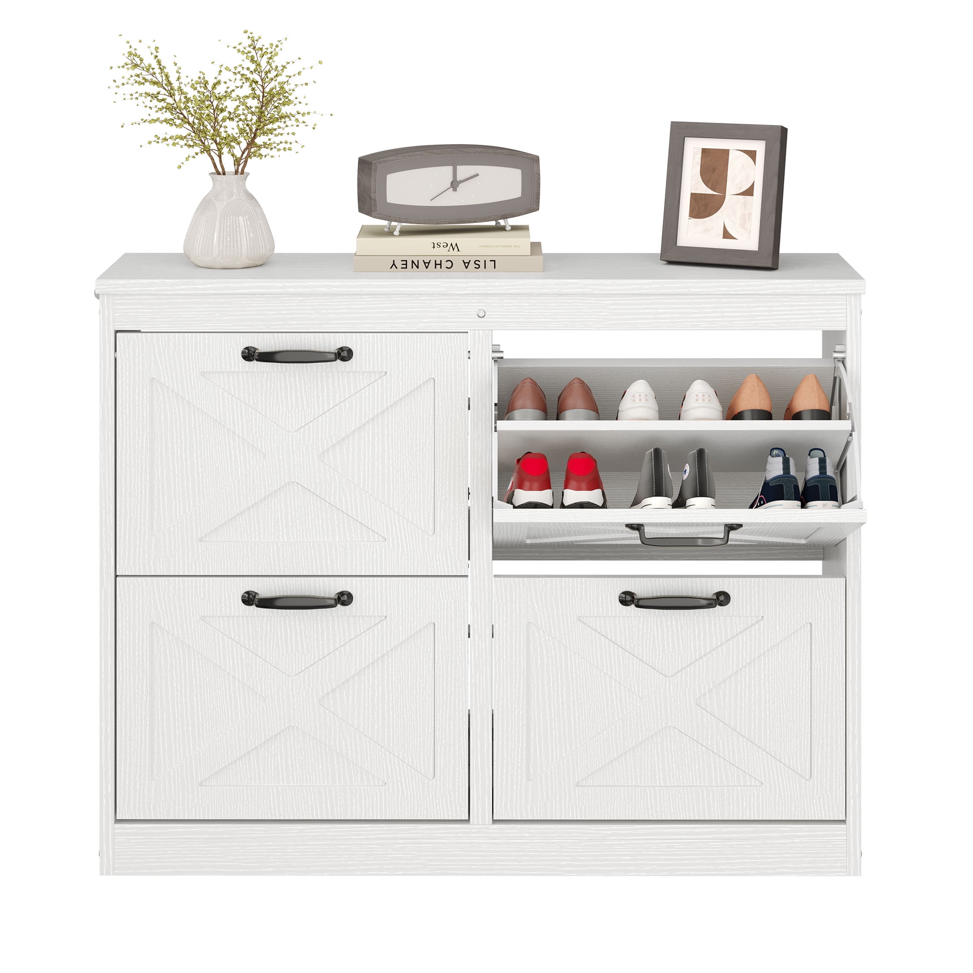 Uforic Shoe Cabinet with 4 Flip Drawers, Farmhouse Narrow Shoe Rack Organizer with Metal Legs, White