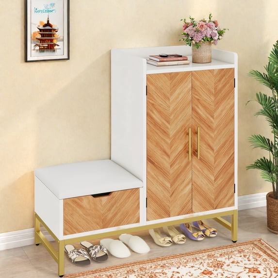 Uforic Shoe Cabinet with Door, Modern Shoe Storage Cabinet with Bench,Shoe Rack Organizer, White