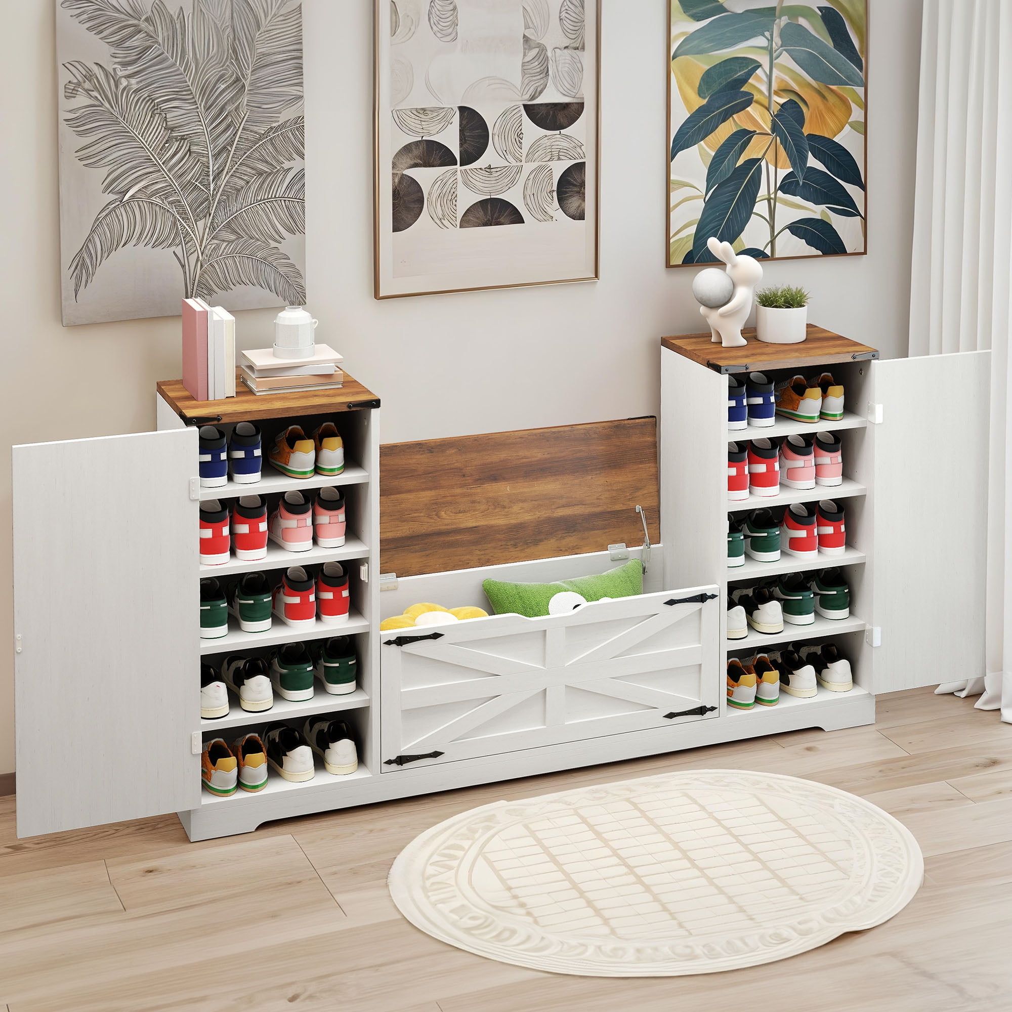 Uforic Shoe Cabinet with Storage Bench, Farmhouse U Shape Shoe Organizer Cabinet, White