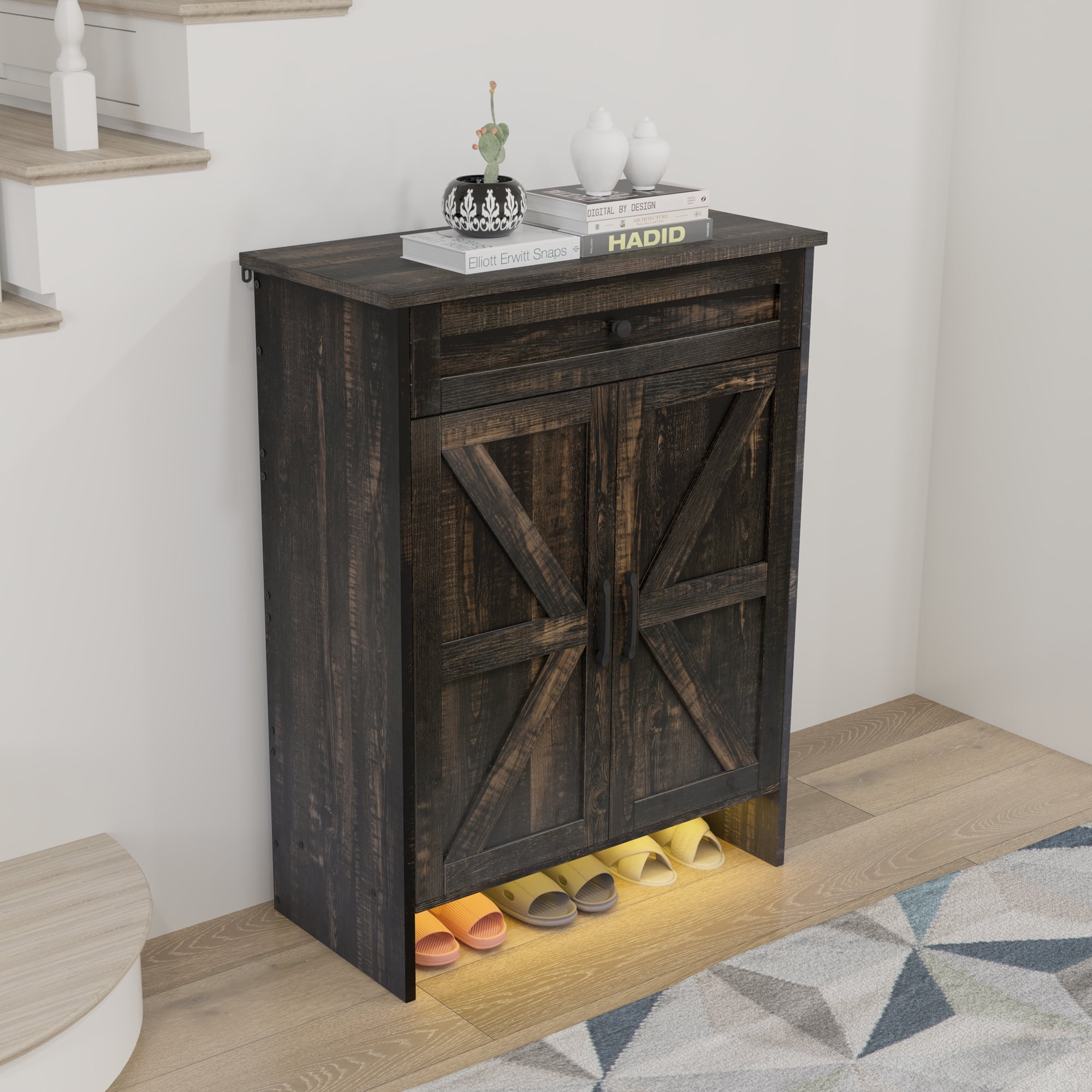 Uforic Farmhouse Narrow Slim 6-Tier Shoe Storage Cabinet  with Top Drawer & Sensor Light for 16 Pairs for Entryway, Foyer, Dark Rustic Oak