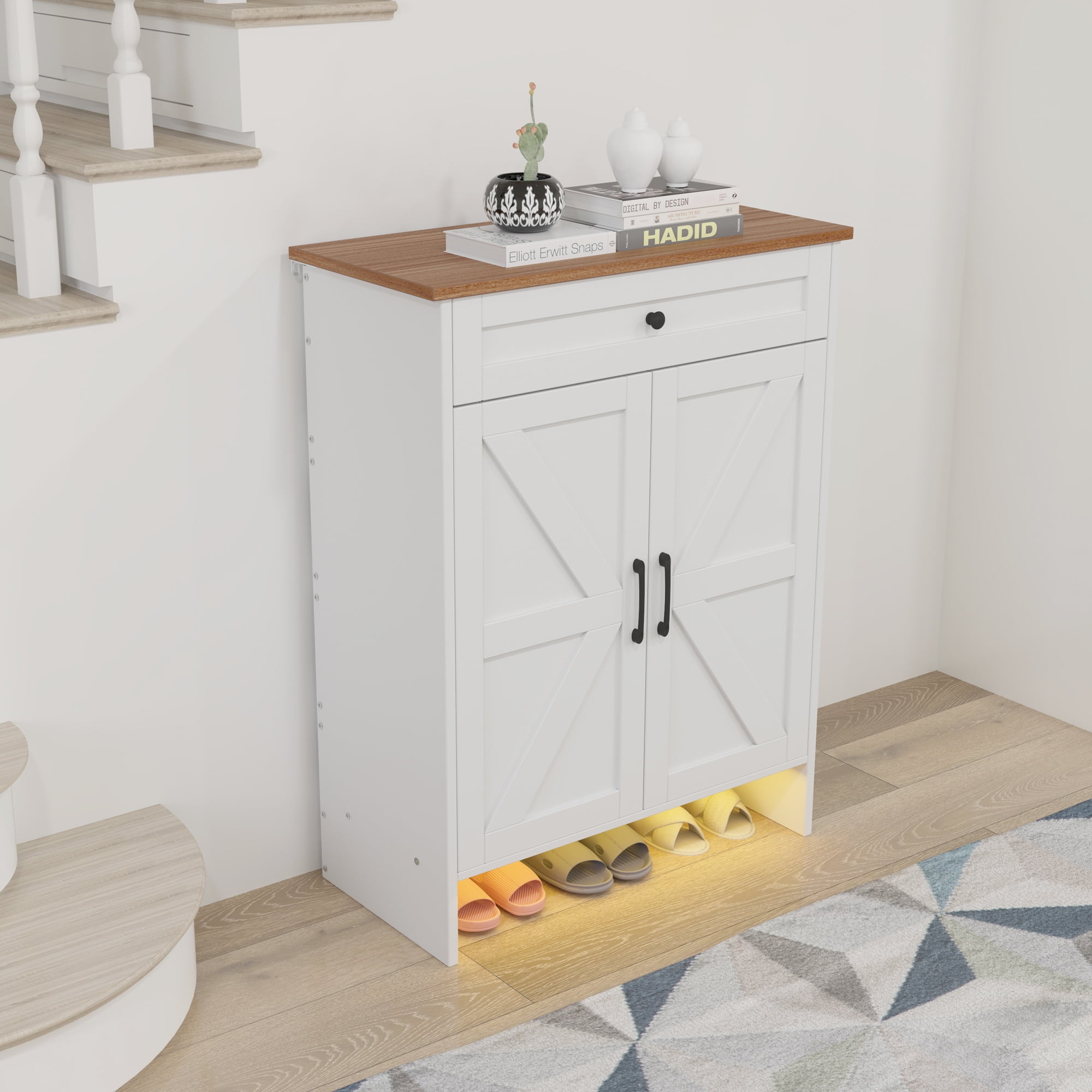 Uforic Shoe Cabinet with Top Drawer&Sensor Light ,Farmhouse Narrow Slim 6-Tier Shoe Storage Cabinet for 16 Pairs for Entryway, Foyer,White & Walnut