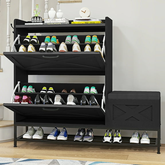 Uforic Shoe Cabinet with with 2 Flip Drawers&Shoe Bench,Farmhouse Narrow Slim Shoe Storage Cabinet for 16 Pairs for Entryway, Foyer, Black
