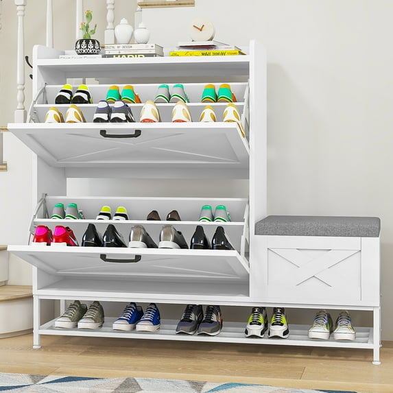 Uforic Shoe Cabinet with with 2 Flip Drawers&Shoe Bench,Farmhouse Narrow Slim Shoe Storage Cabinet for 16 Pairs for Entryway, Foyer,White