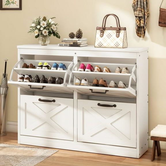 Uforic Shoe Storage Cabinet with 4 Flip Drawers, Farmhouse Wood Shoe Cabinet, FreeStanding Narrow Shoe Rack Organizer with Metal Legs for Entryway, Hallway, White