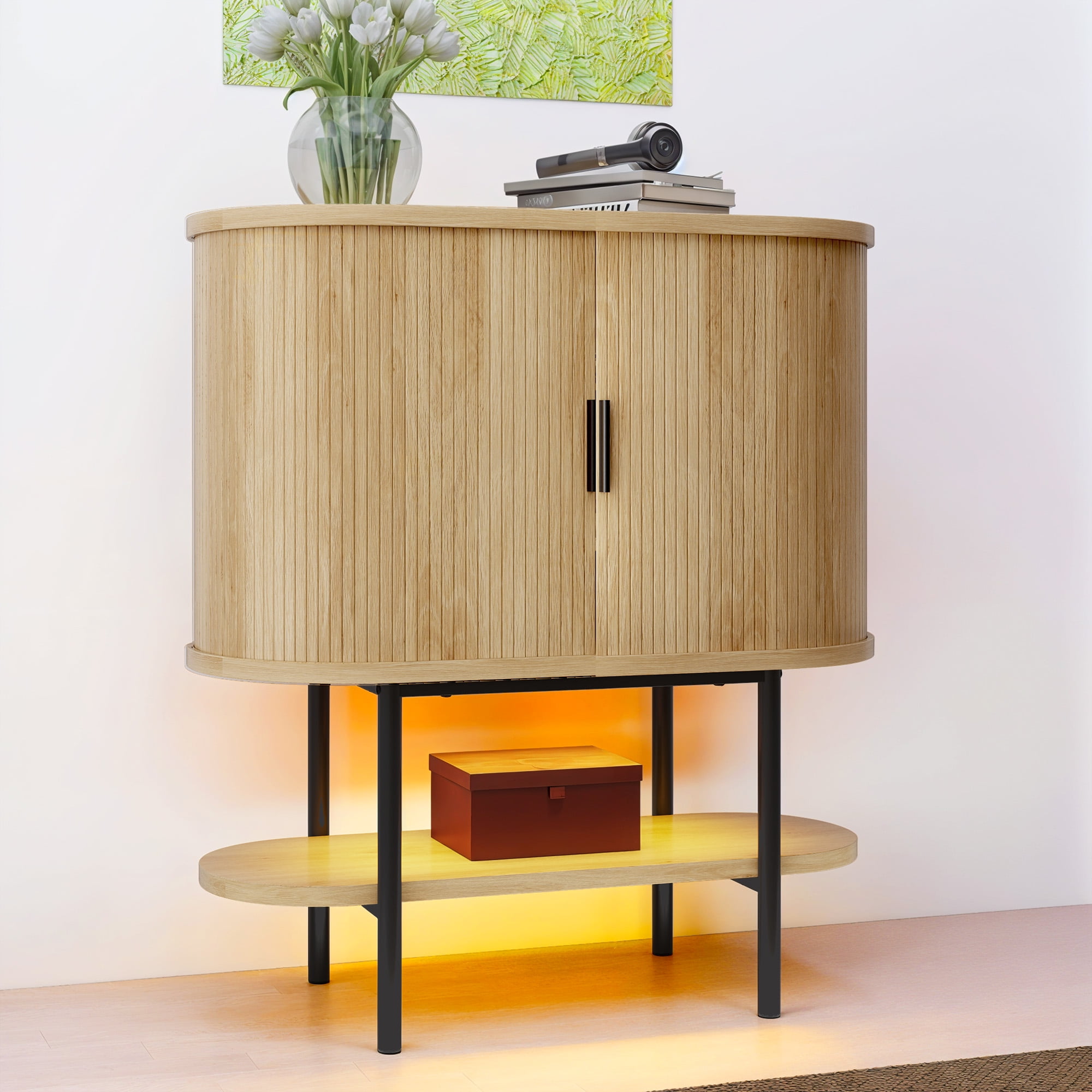 Uforic Sideboard Buffet Cabinet with 2 Sliding Tambour Doors, Modern Storage Cabinet with LED Light, Oak