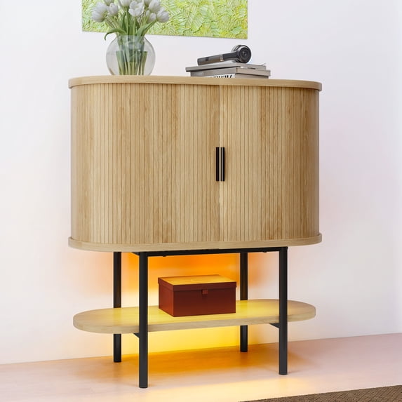 Uforic Sideboard Buffet Cabinet with 2 Sliding Tambour Doors, Modern Storage Cabinet with LED Light, Oak