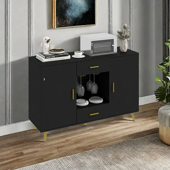 Uforic Sideboard Buffet with Doors& Drawers???Buffet Cabinet with Adjustable Shelf& Wine Glass Holder, Modern Coffee Bar Cabinet for Living Room, Dining Room,Black