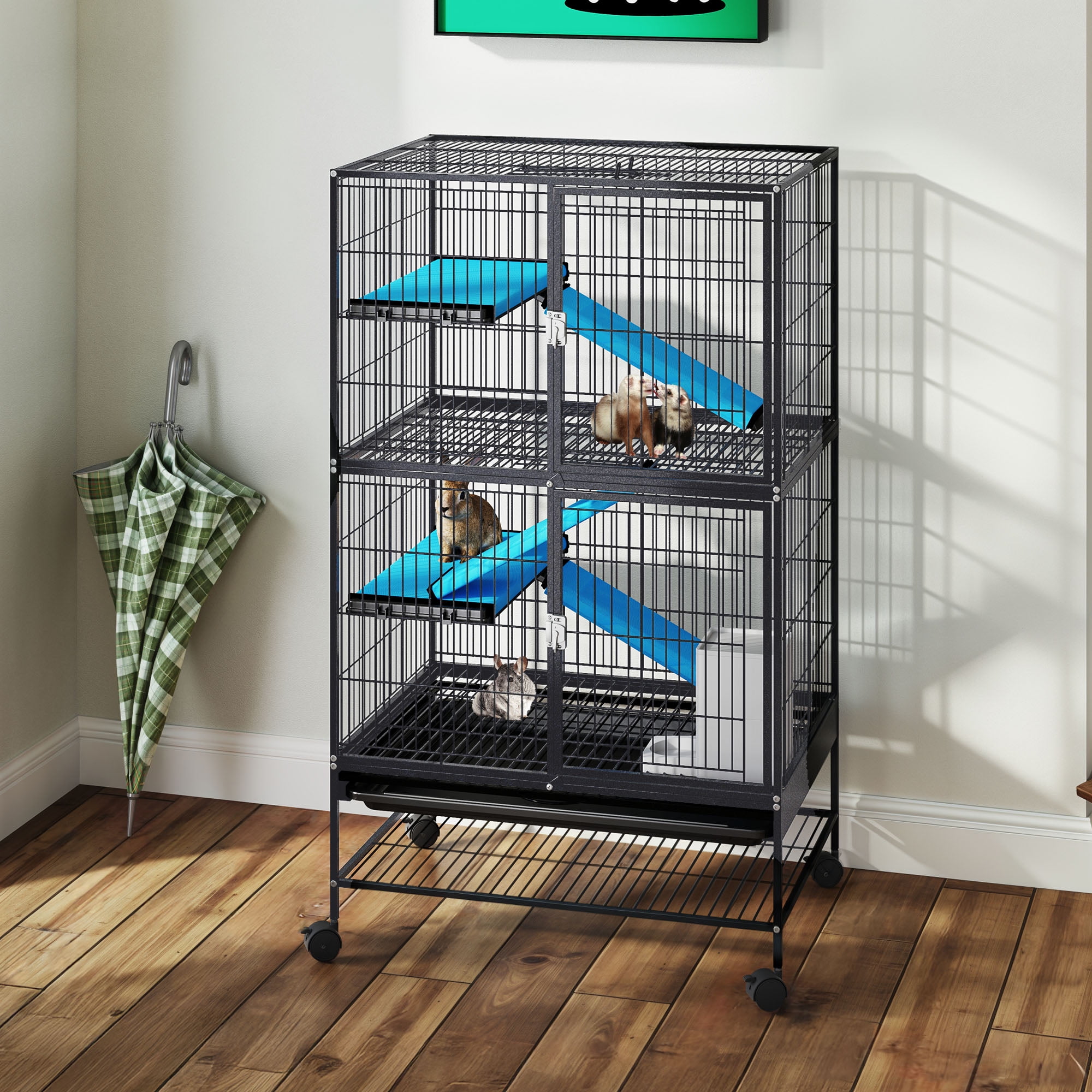 Uforic Small Animal Cage  with Platforms & stair , Indoor Metal 4-Tiers Animal Cage for Rabbits, Chinchillas and Hamsters,4 universal 360 °wheels,Black