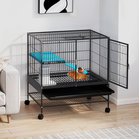Uforic Small Animal Cage with Platforms & stair,Indoor Metal 2-Tiers Animal Cage for Rabbits, Chinchillas and Hamsters,4 universal 360 °wheels,Black