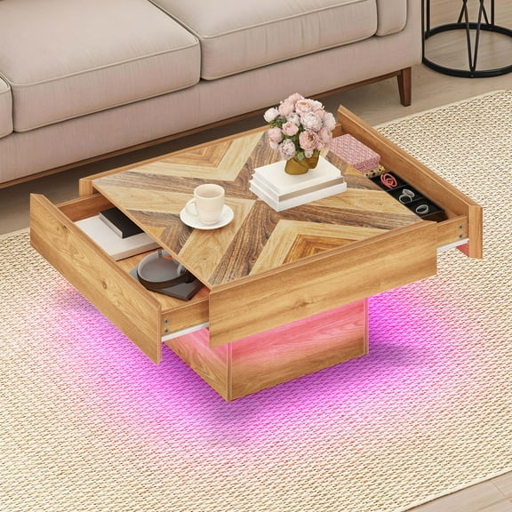 Uforic Square Center Table with Drawers, Coffee Table with LED Lights for Living Room, Brown