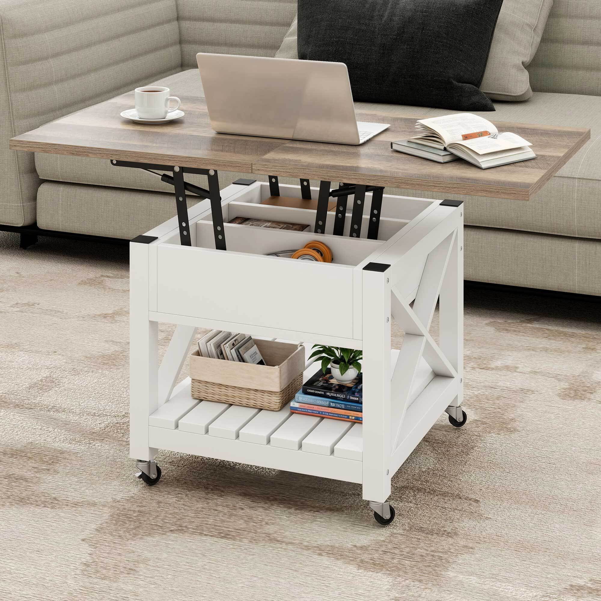 Uforic Square Dining Table Lift Top Coffee Table with Wheels, Square Dining Table, Oak