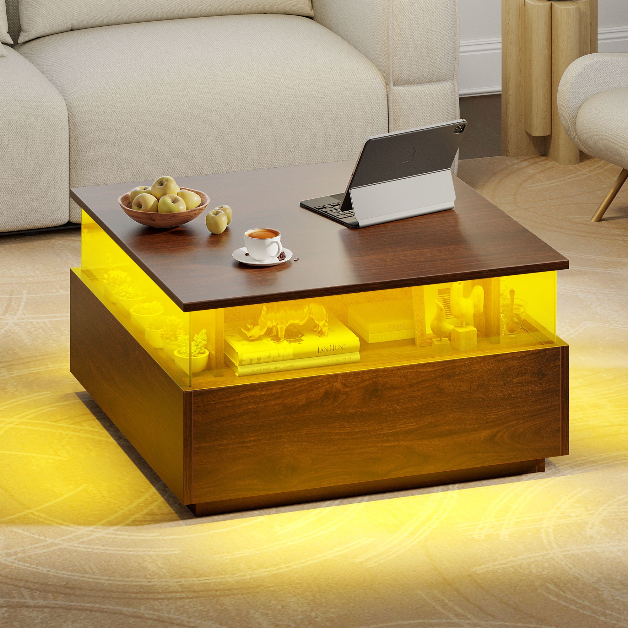 Uforic Square LED Coffee Table with 4 Drawers Acrylic Living Room Table with Storage Shelf Black