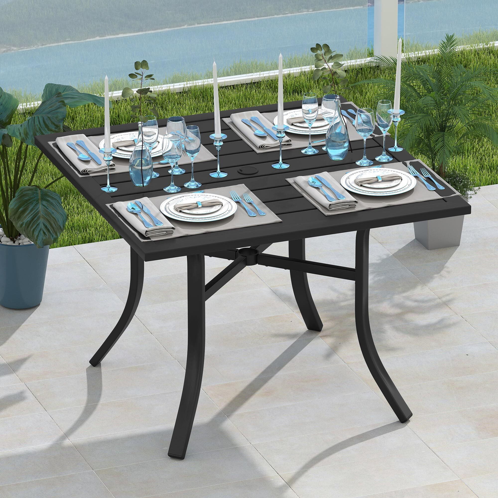 Uforic Square Metal Outdoor Dining Table 37 Inch, E-Coating Patio Table with Umbrella Hole for Backyard, Garden and Lawn, Black