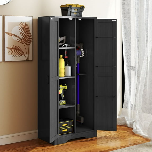 Uforic Utility Storage Cabinet, 55" Tall Wooden Cabinet with Shelves for Kitchen, Office, Garage - Black