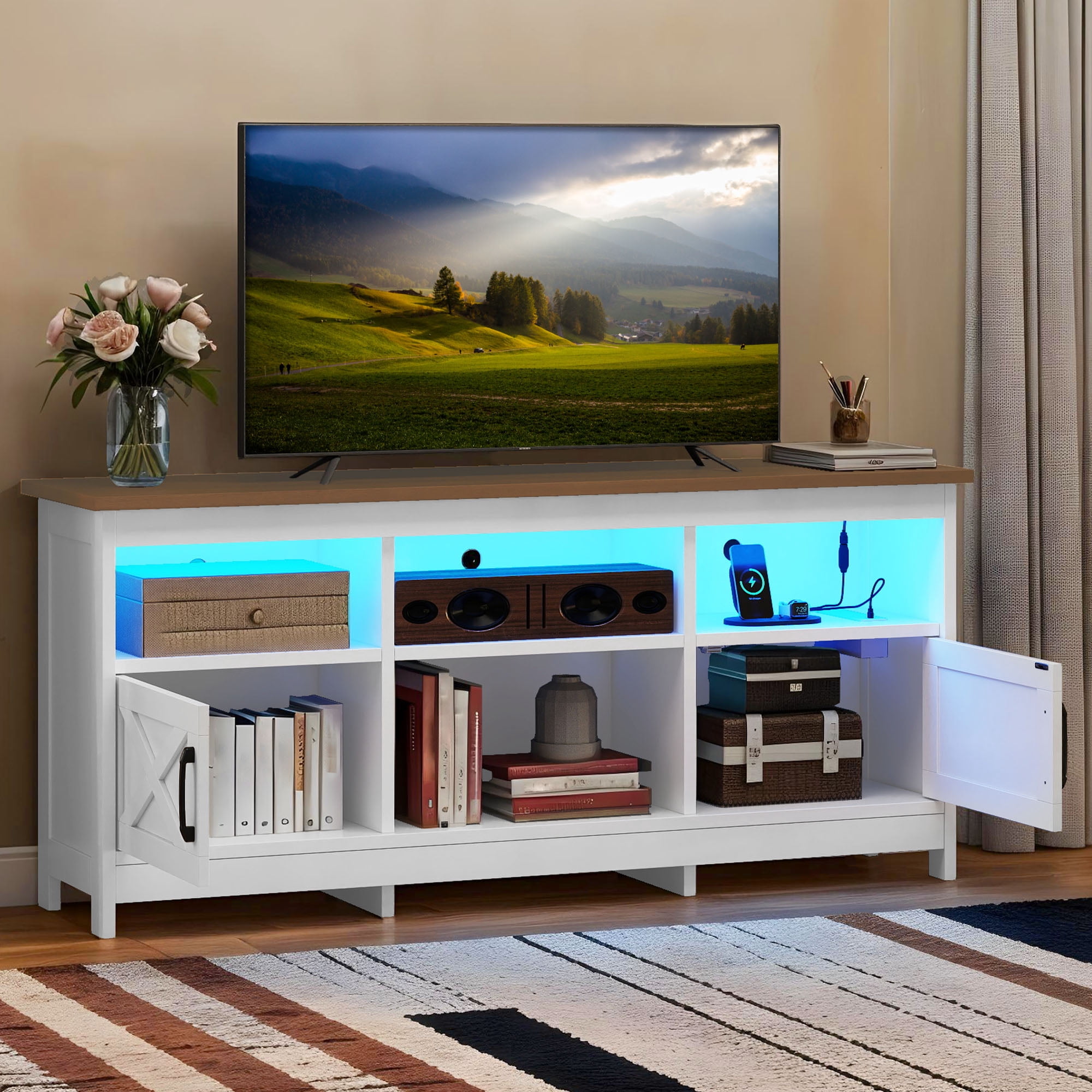 Uforic TV Cabinet with Storage, LED Lights, and Power Outlet, TV Stand for Living Room, Bedroom, or Apartment, Accommodate 65 Inch TVs, White and Walnut