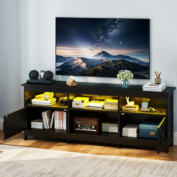 Uforic TV Cabinet with Storage, LED Lights, and Power Outlet, TV Stand for Living Room, Bedroom, or Apartment, Accommodate 65 Inch TVs, Black
