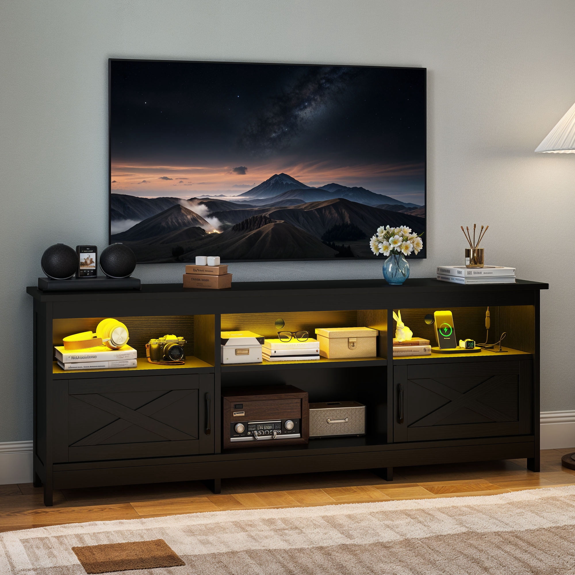 Uforic TV Cabinet with Storage, LED Lights, and Power Outlet for Living Room, Bedroom, or Apartment for 65 Inch TVs, Black