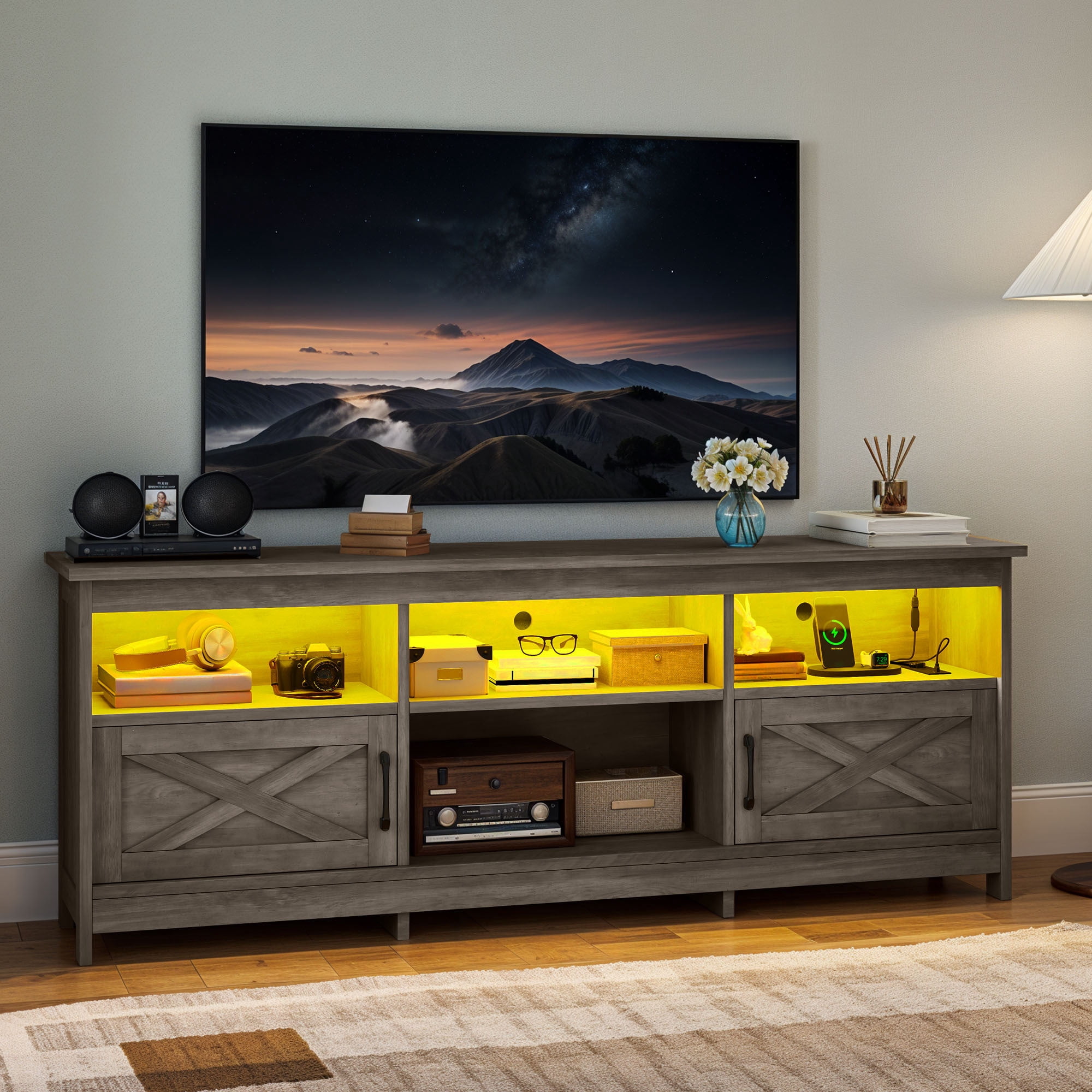 Uforic TV Cabinet with Storage, LED Lights, and Power Outlet for Living Room, Bedroom, or Apartment for 65 Inch TVs, Washed Gray