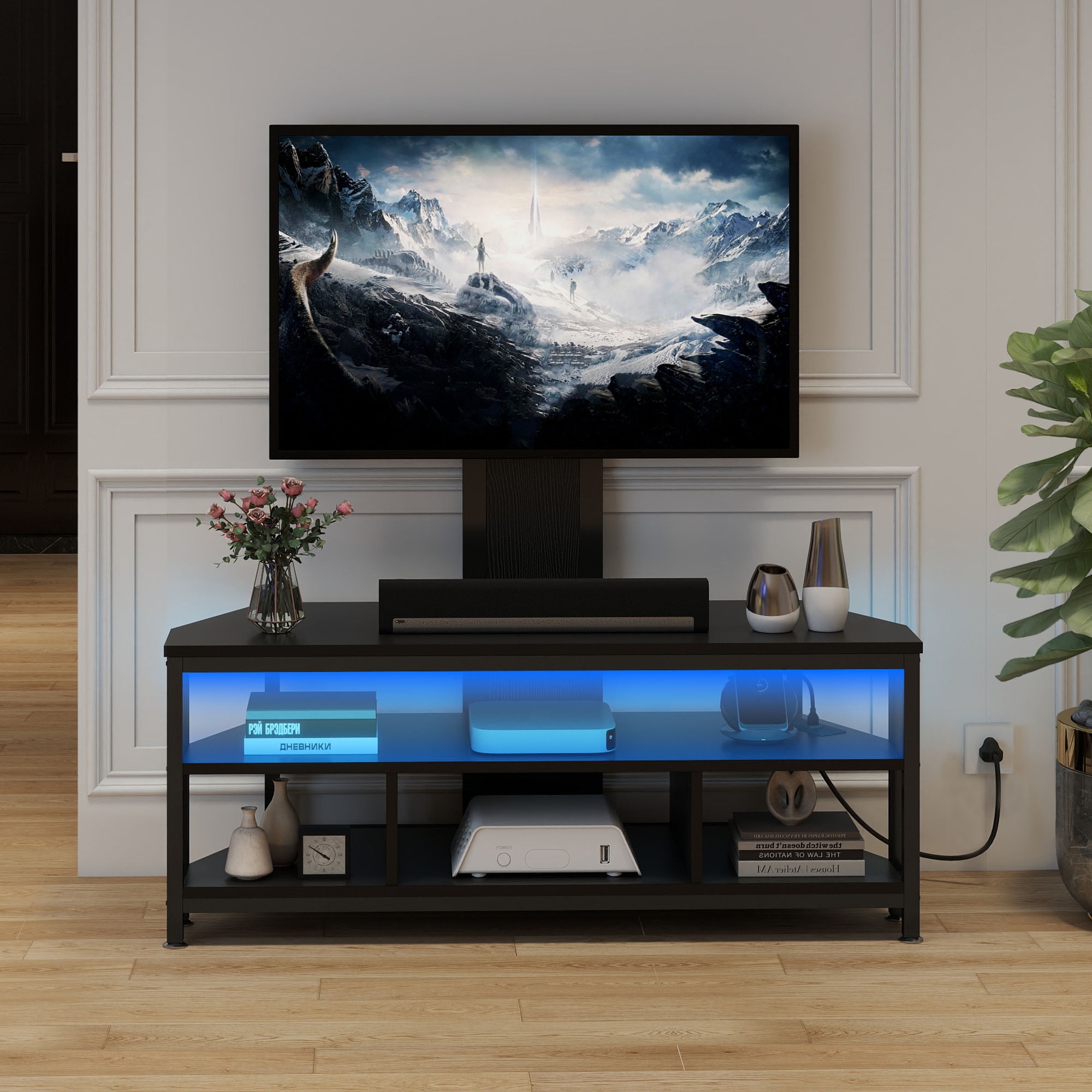 Uforic TV Stand Mount with Power Outlet, LED Entertainment Center for TVs up to 70 inches, Black