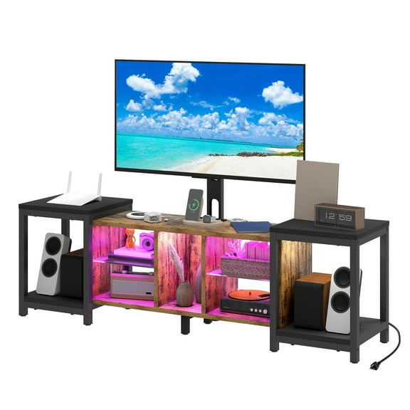 Uforic TV Stand and Mount for 32" to 70", Entertainment Center with LED Light & Height Adjustable, Black& Brown