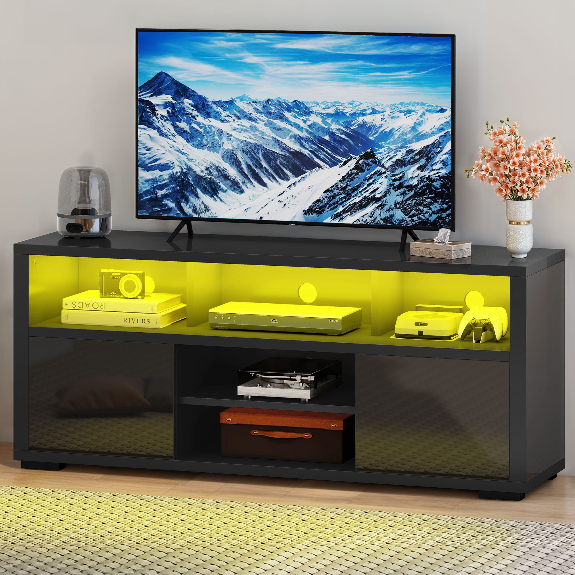 Uforic TV Stand for 55 inch TV, Modern LED Entertainment Center TV Console Media Cabinet,Black