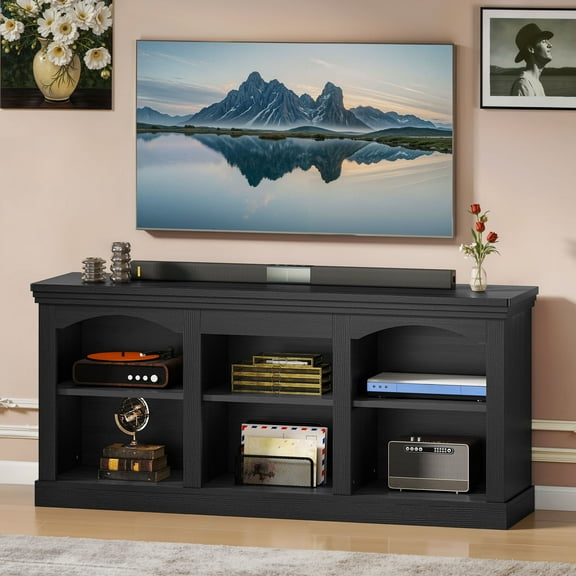 Uforic TV Stand for 65 Inches TV, Farmhouse Entertainment Center with Adjustable Shelf & Storage Cabinets, Black