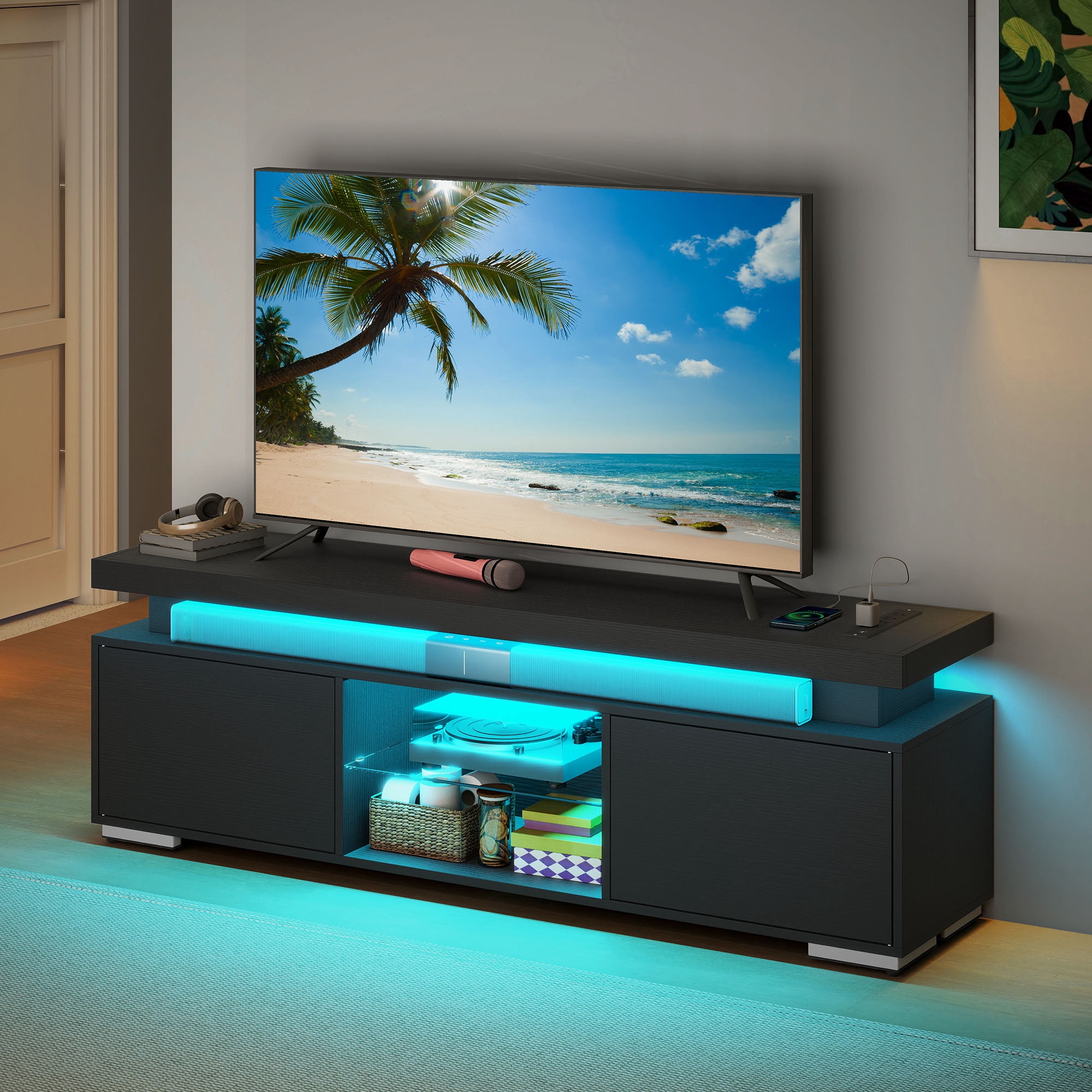 Uforic TV Stand for 65 inch TV with LED Light, Modern Entertainment Center TV Console Media Cabinet, Black