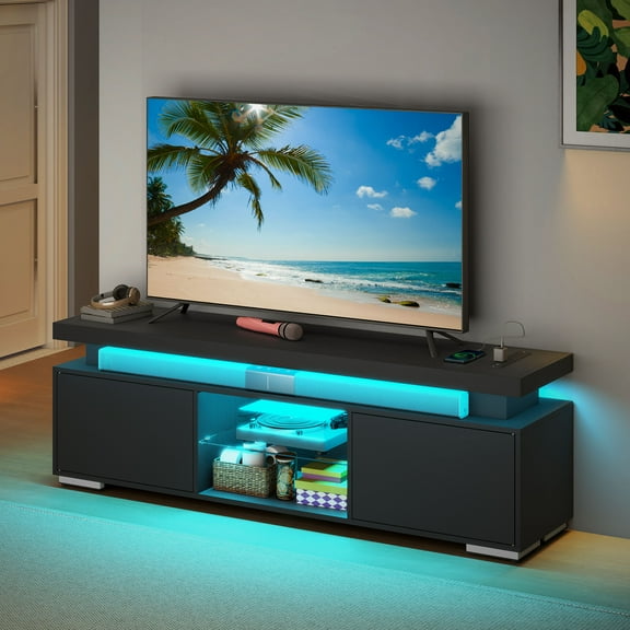 Uforic TV Stand for 65 inch TV with LED Light, Modern Entertainment Center TV Console Media Cabinet, Black