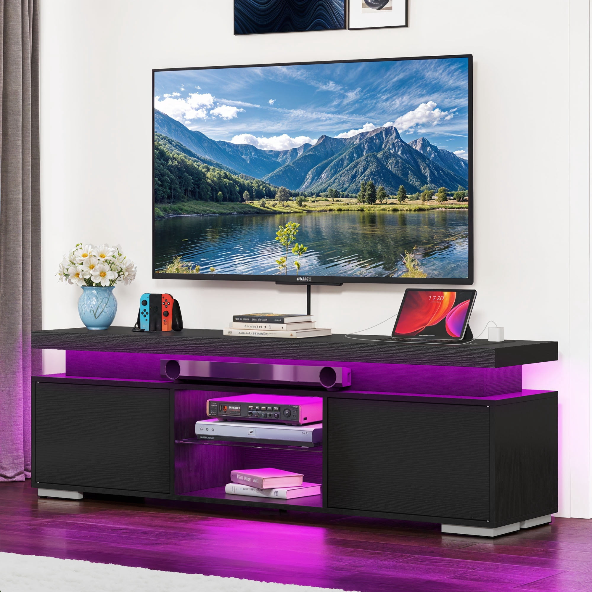 Uforic TV Stand for 65 inch TV with LED Light, Modern Entertainment Center TV Console Media Cabinet, Black