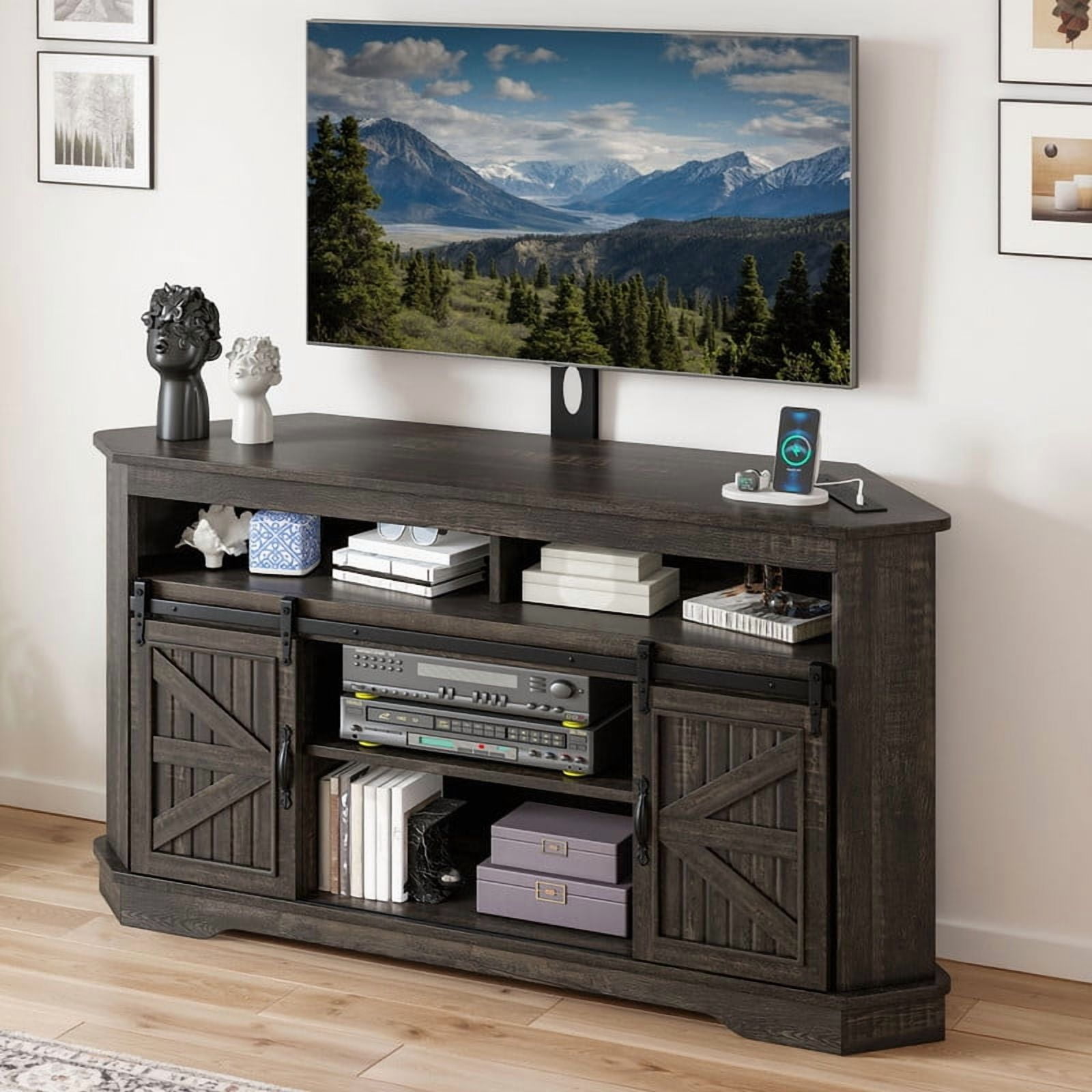 Uforic TV Stand for 70" TV with Mount, Farmhouse Entertainment Center with Power Outlets & Sliding Barn Doors, Dark Rustic Oak