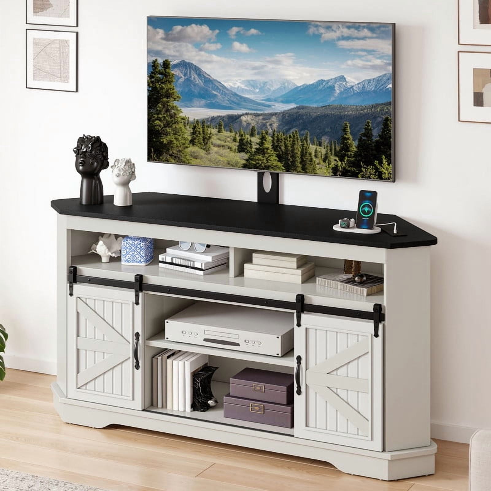 Uforic TV Stand for 70" TV with Mount, Farmhouse Entertainment Center with Power Outlets & Sliding Barn Doors, White