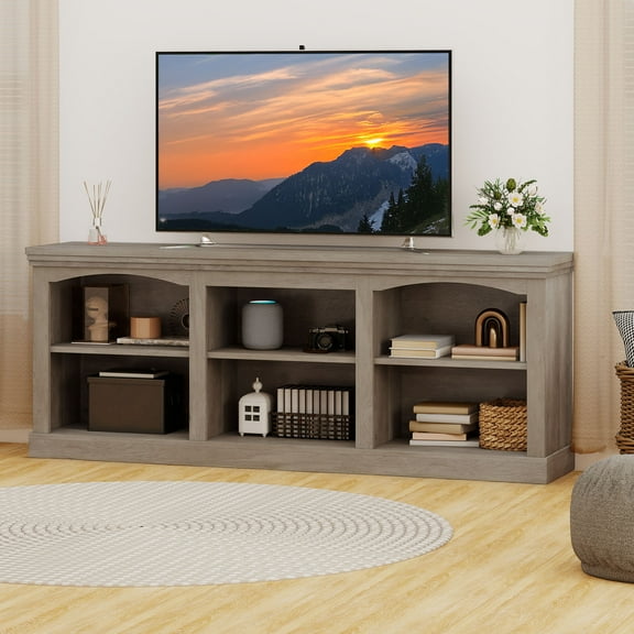 Uforic TV Stand for 80 Inches TV, Farmhouse Entertainment Center with Adjustable Shelf & Storage Cabinets, Washed Gray