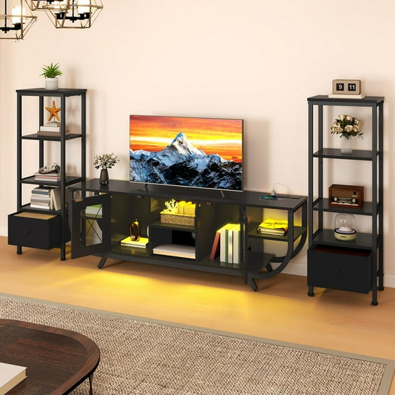 Uforic TV Stand for TVs up to 65", LED Entertainment Center with Bookshelf & Power Outlet & Fabric Drawer, Black