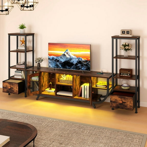 Uforic TV Stand for TVs up to 65", LED Entertainment Center with Bookshelf & Power Outlet & Fabric Drawer, Brown