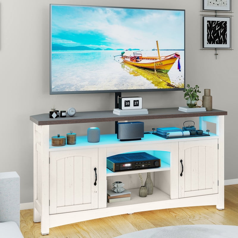 Uforic TV Stand with Mount & LED Lights, Farnhouse Entertainment Center with Power Hub for 70 Inch TV, Warm White