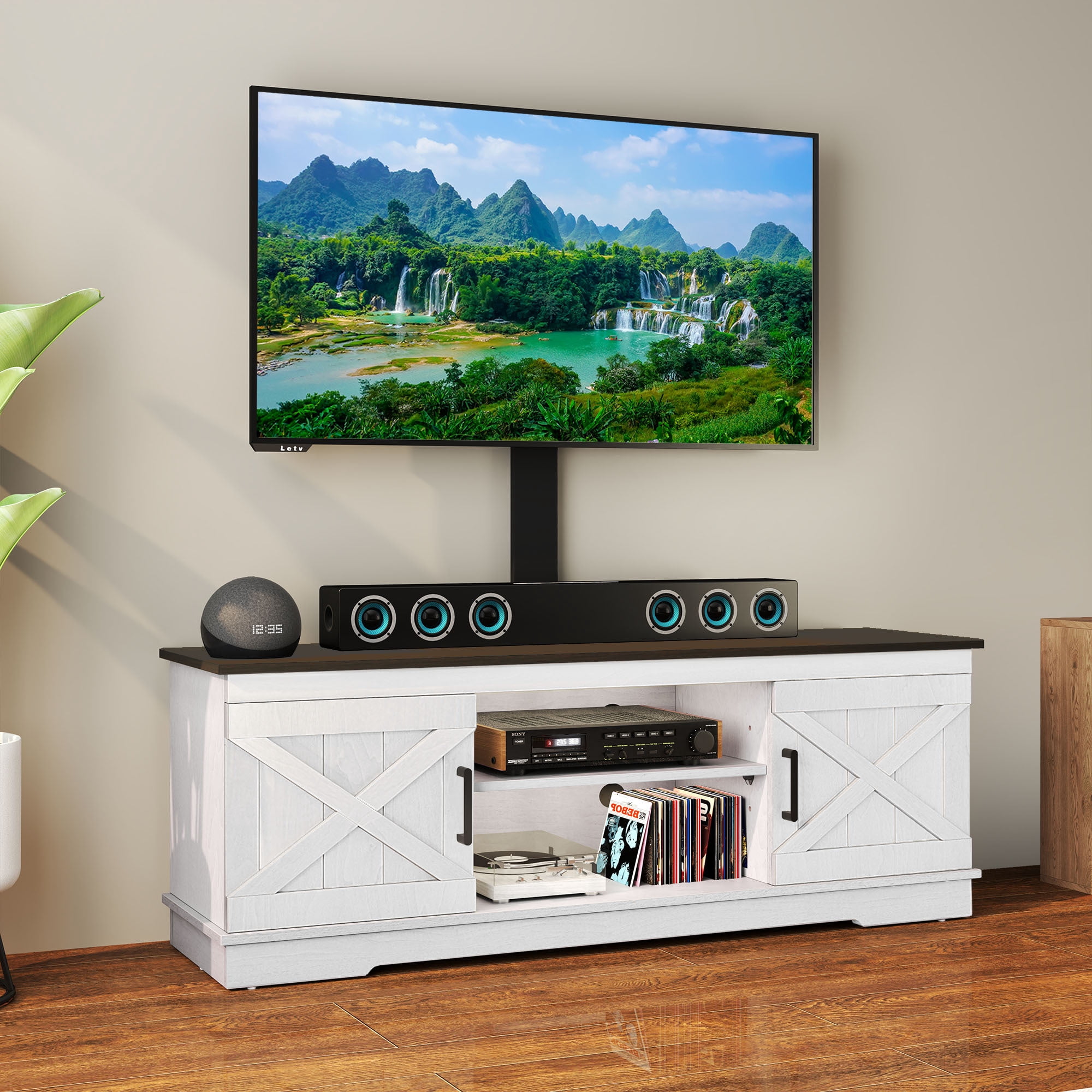 Uforic TV Stand with Mount for 70 inch TVs, Farmhouse Height Adjustable TV Mount, Rustic Oak