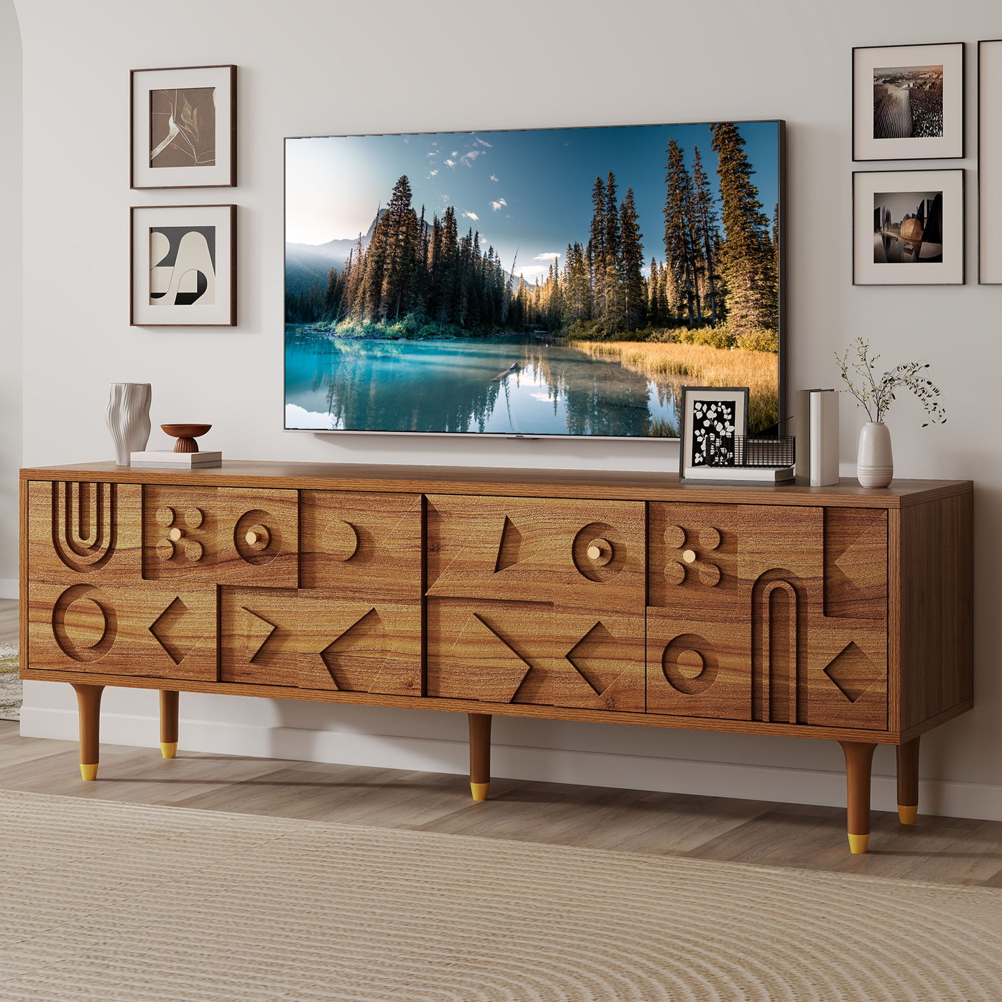 Uforic TV Stand with Storage for Living Room, Mid-Century Entertainment Center, Media Console for up to 80 Inch TVs, Walnut